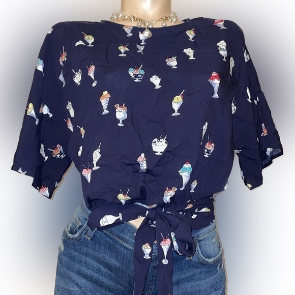 Zara women’s shirt blouse Medium top ice cream sundae print tie navy blue - Picture 1 of 9